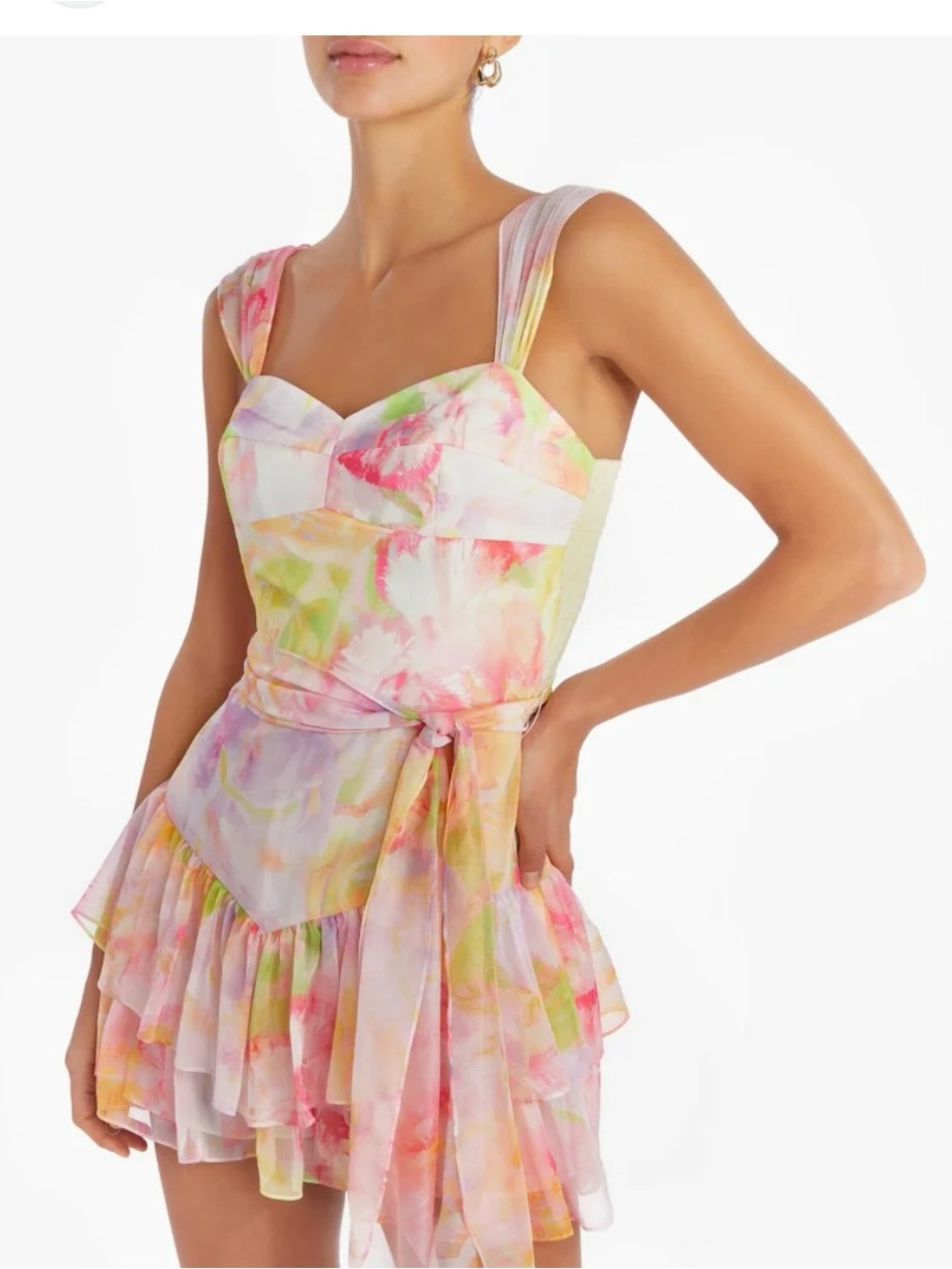 Amanda Uprichard Pink, Yellow & Cream Watercolor Ruffle Dress - Picture 4 of 7